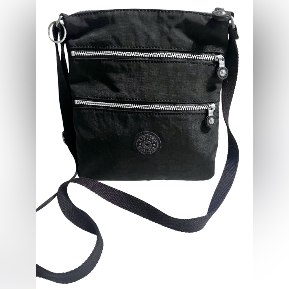 Kipling Black Triple Zipper  Crossbody Bag 8”x9” Travel School Office Black EUC